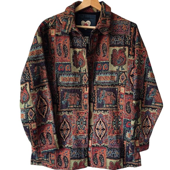 Vtg Chico's Tapestry Jacket Shacket Button Front Boho Beaded Embroidery Artsty - Picture 1 of 16